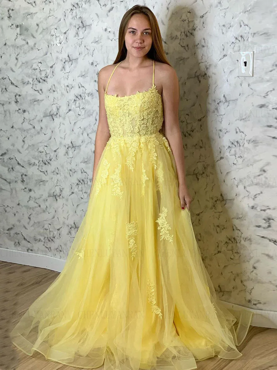 

Желтые платья для торжественных случаев с аппликацией 2025, сексуальное вечернее платье из тюля с открытой спиной, длинные элегантные вечерние платья трапециевидной формы فساتين السهرة