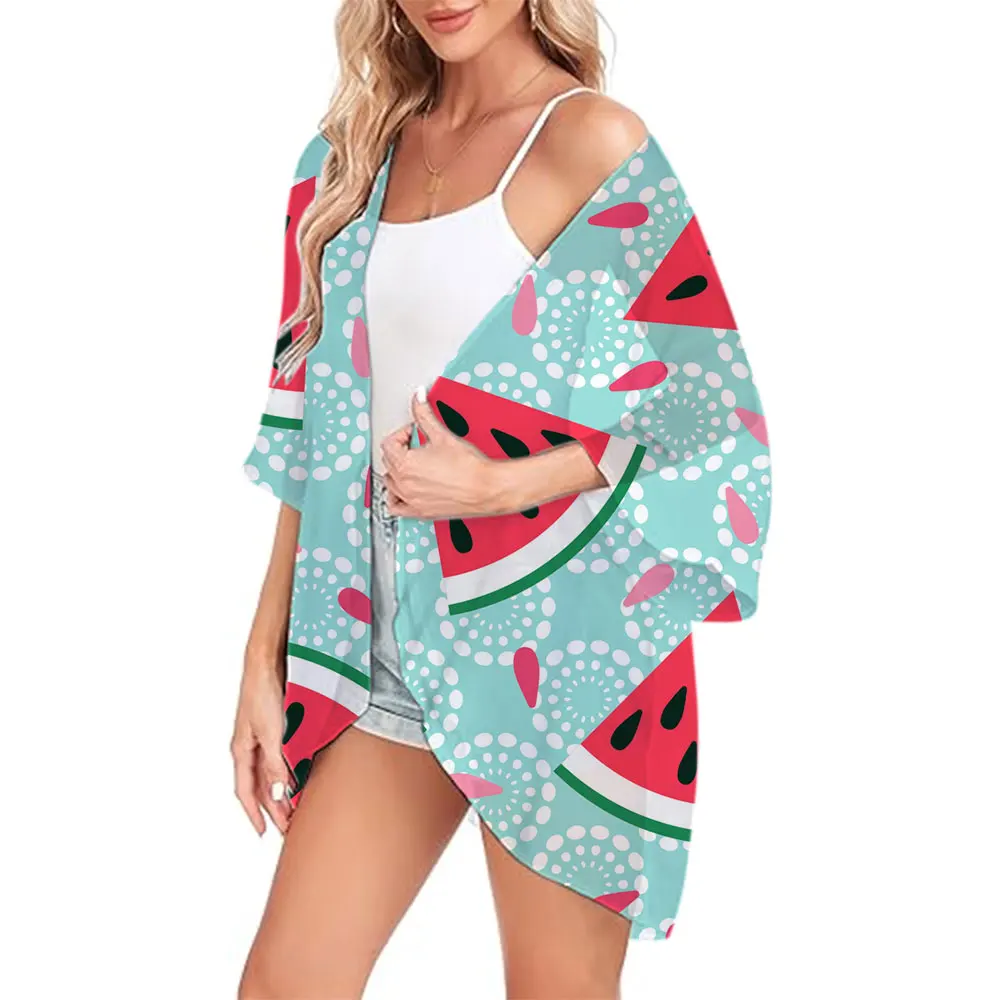 Vrouwelijke Kimono Schattige Aardbei Bedrukt Losse Dames Vest Shirts Zomer Chiffon Cover-Ups Mode Streetwear Blouse Tops 2024