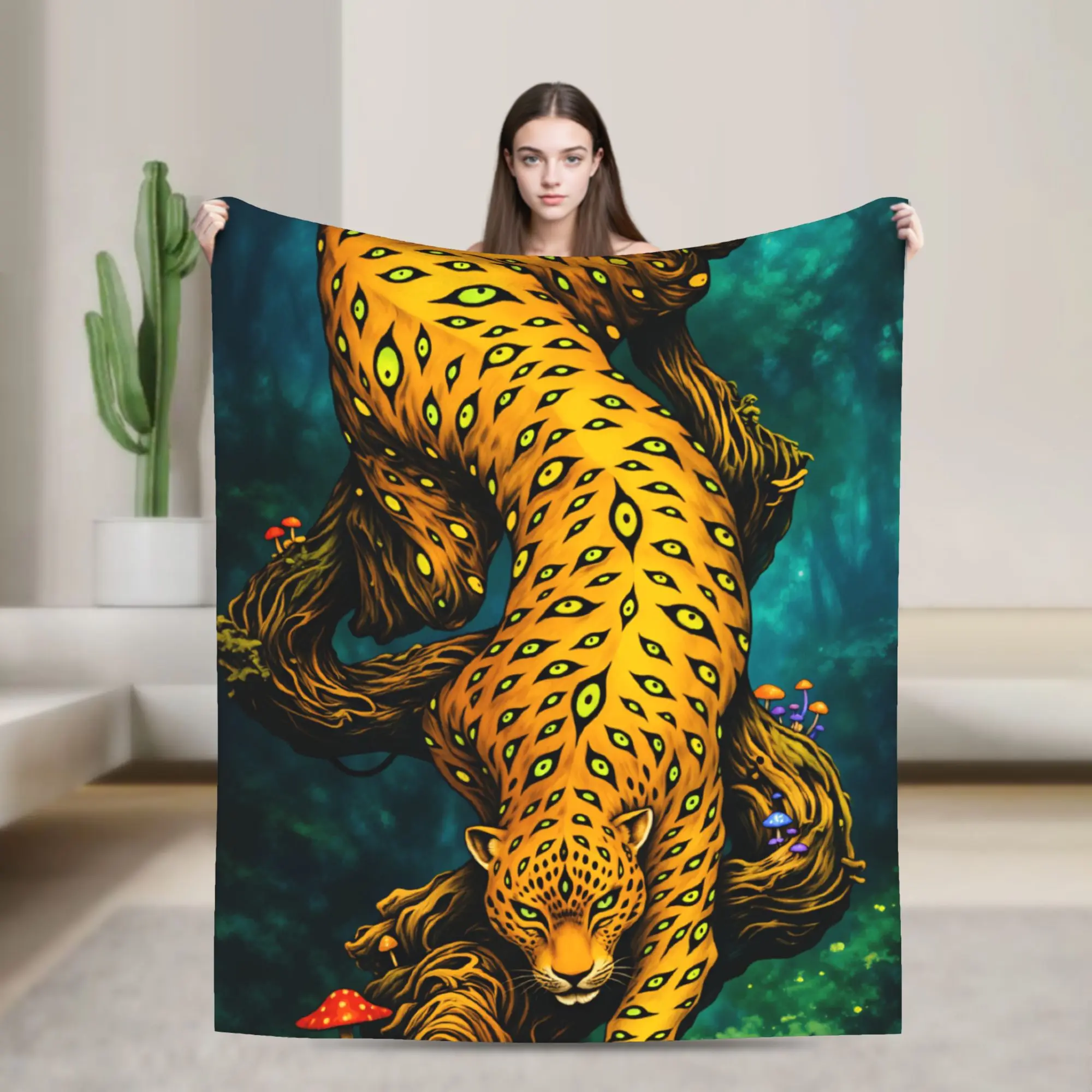 Psychedelic Jaguar With Eyes Pattern In Magic Forest Blanket Super Soft  Throw Blanket Winter Adults Girls Travel Car Bedspread