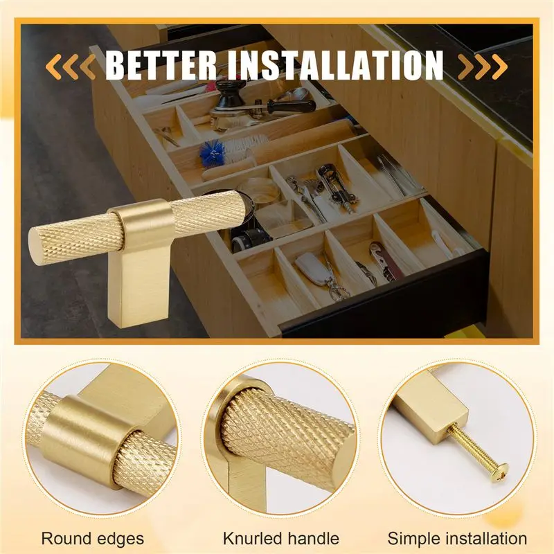DT17 Solid Brass French Style Cabinet Knobs, Tbar Cabinet Handle 60mm, Luxury Wardrobe Drawer Doors Handle, Gold
