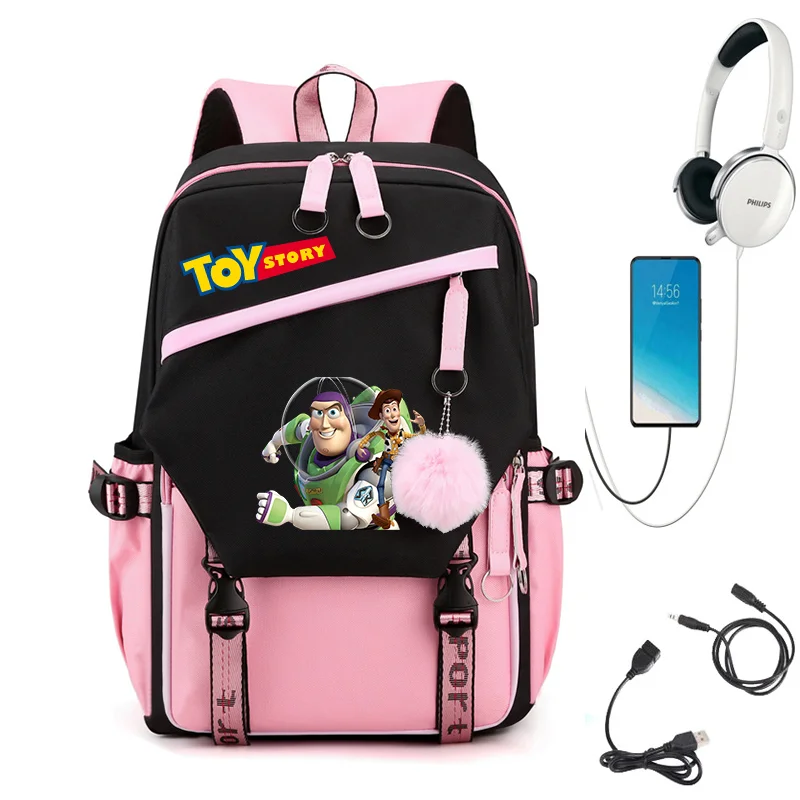 Toy Story Woody Buzz USB Charging Schoolbag Male and Female Student Laptop Backpack Large Capacity School Bag Mochila