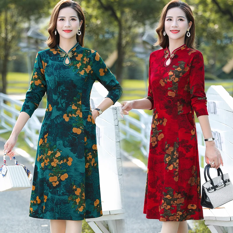 Evening Chinese Style  Dress Elegant Spring and Autumn Women New Cheongsam Retro A-line Dress Printing Party Dress