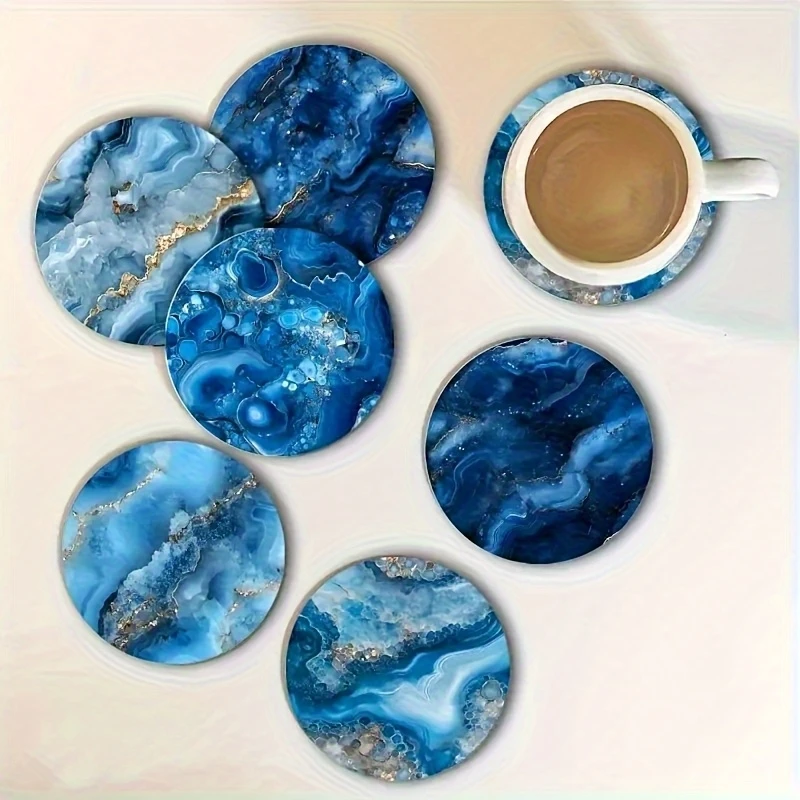 Retro Dreamy Blue Marble Pattern Wooden Coasters 2D Anti-Slip Tabletop Protecting Art Decorations Home Coffee Shop Bar Gifts