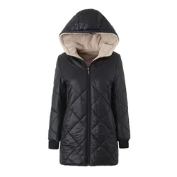 Women's Fashion, Comfort, Casual Lamb Wool Shiny Surface Waterproof Geometric Grid Square Hooded Mid Length Cotton Jacket