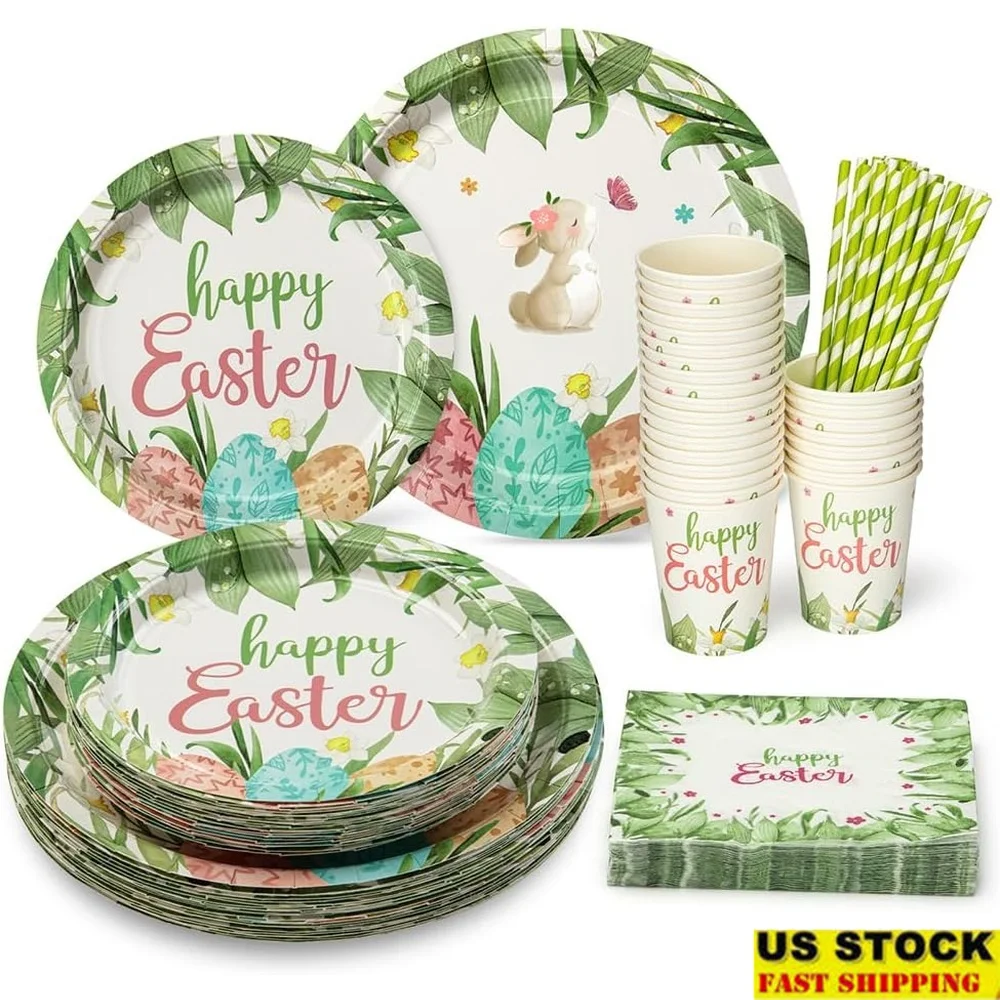 

140pcs Easter Disposable Dinnerware Set Paper Plates Napkins Cups Straws Party Supplies Serve 25 Guests Spring Celebration