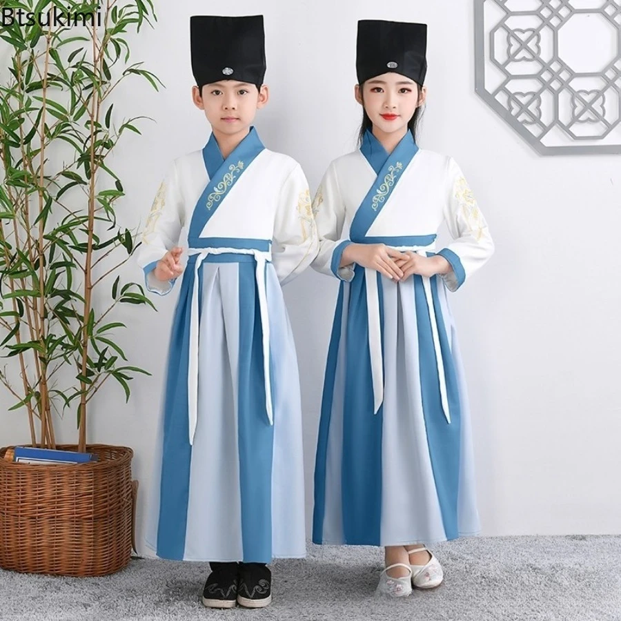 Chinese Traditional Hanfu Boys Girls China Vintage Blue Clothing Ancient Cosplay Stage Performance Recital School Show Outfits