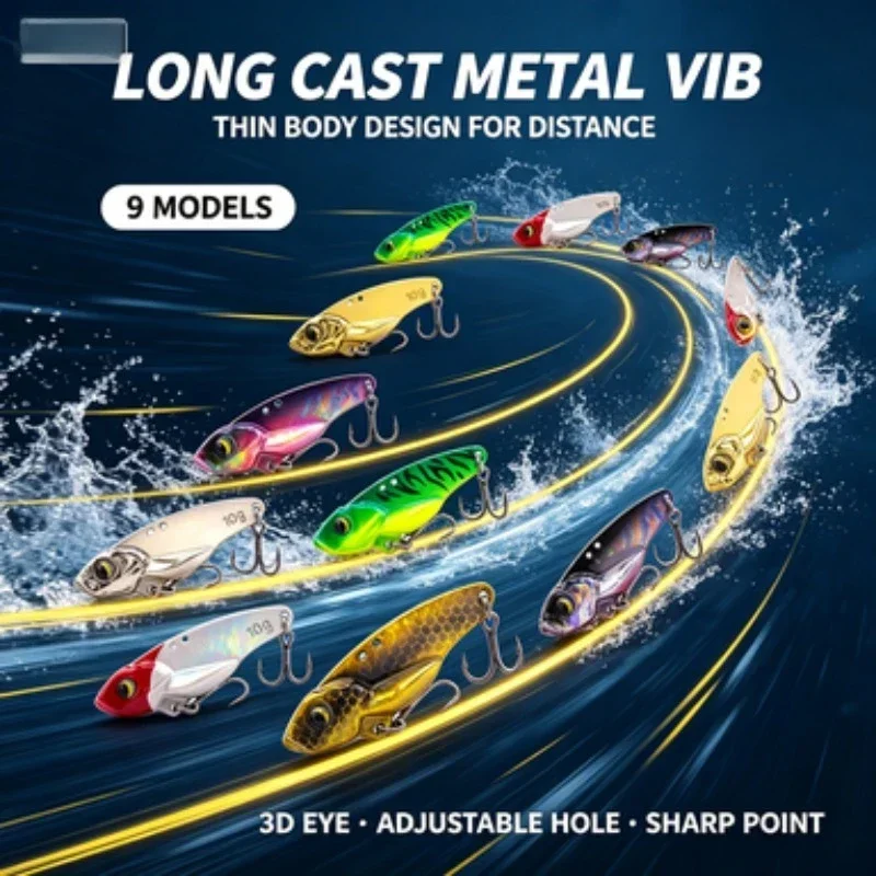 1Pcs Thin Back Long Cast Metal VIB Fishing Lure 5g 7g 10g 15g 3D Fish Eyes Adjustable Hole Sharp Treble Hook for Bass Snakehead