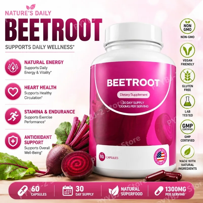 

Beetroot Capsules 60 Count Plant Supplement Contain 1300mg Organic Beetroot Powder Help Enhance Energy and Endurance Support