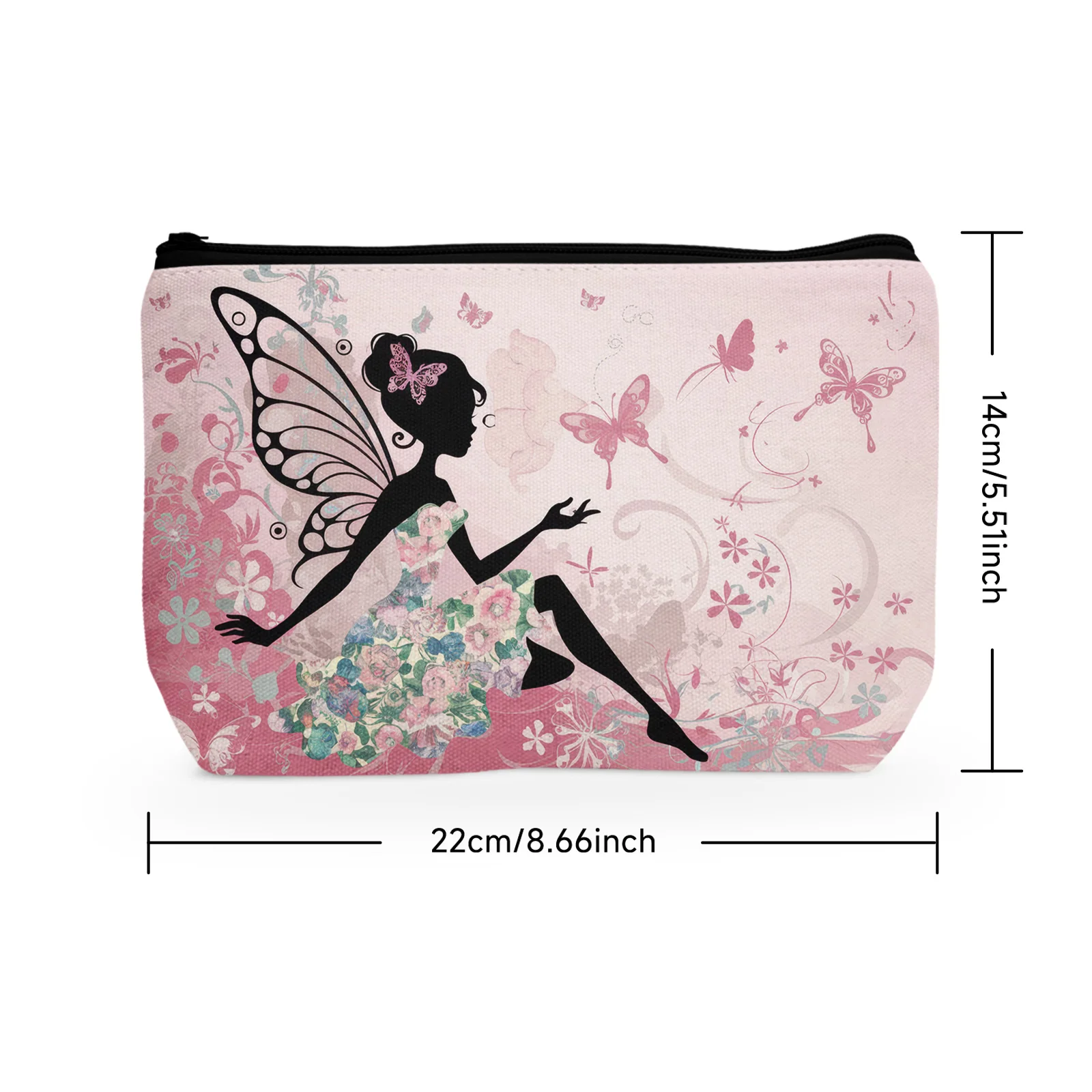 1Pc Black Girl Fairy Cosmetic Bag Durable Makeup Pouch With Pink Butterfly Flower Design For Women Versatile Travel