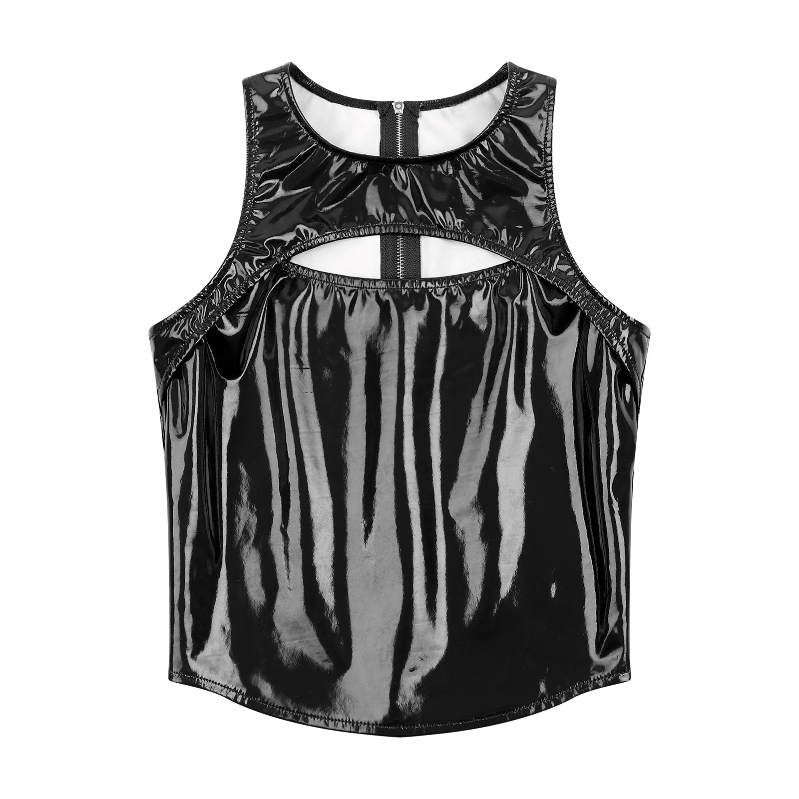 Women Wet Look Patent Leather Tank Top Pole Dancing Performance Costume Sleeveless Zipper Skinny Vest for Music Party Rave Club