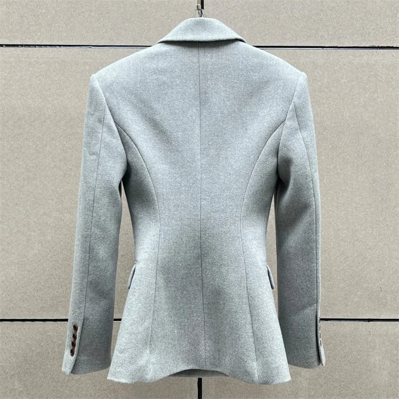 Women's jacket 2026 Spring double breasted long sleeved top Wool blend women's suit jacket shoulder pad slim fit women's coat