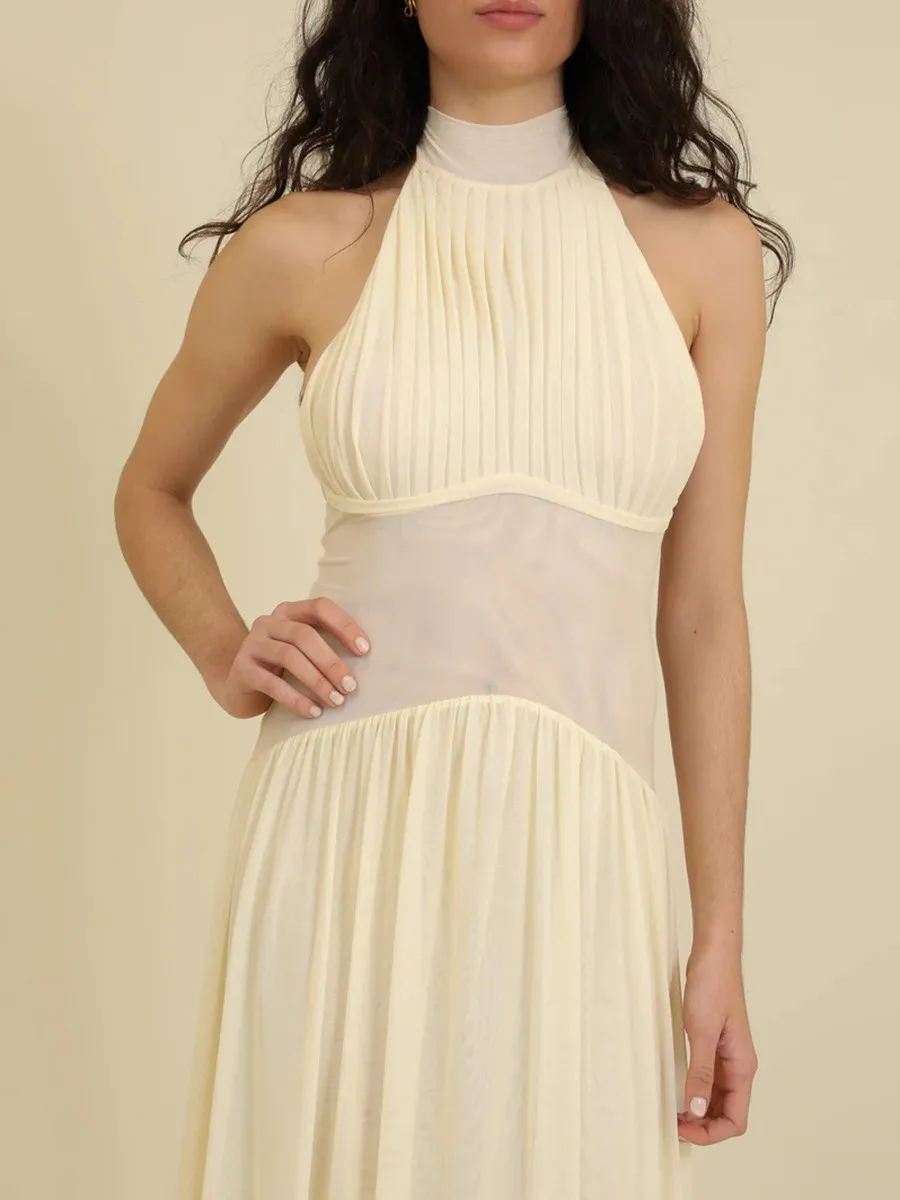 TWOTWINSTYLE minceur épissé froncé robes minimalistes pour les femmes licou sans manches dos nu pure tunique longue robe femme nouveau