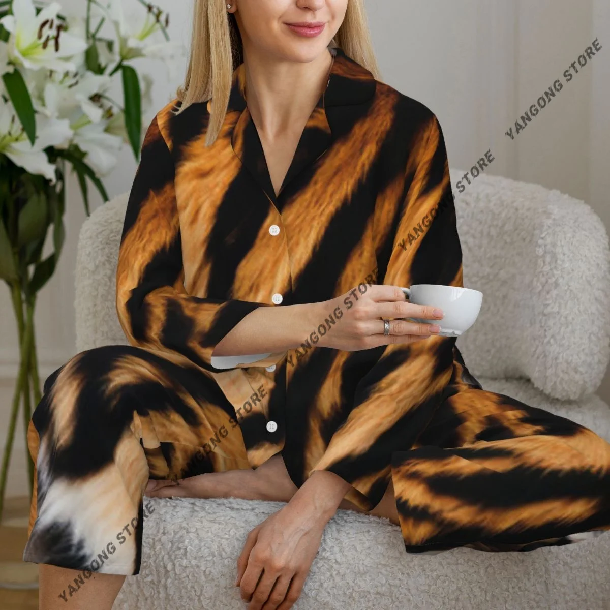 

Женская одежда для сна, домашняя одежда, рубашка с длинными рукавами и лацканами с рисунком тигровой кожи и брюки с эластичной резинкой на талии, пижамный комплект