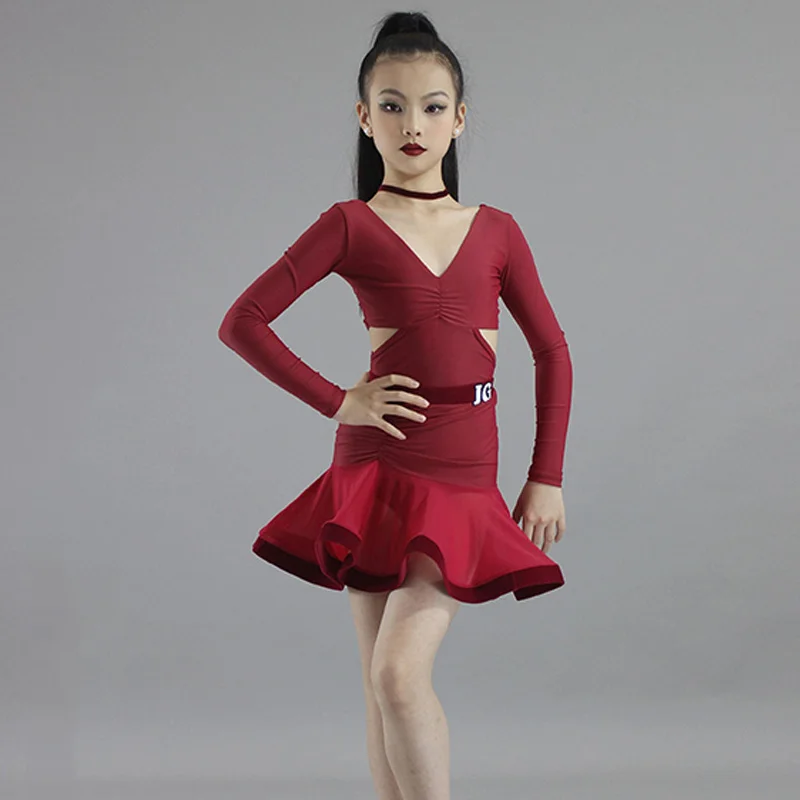 

Girls Latin Dance Dress Performance Costume Wine Red Mesh Dress Outfits Children Competition Dress Dancer Wear Clothes DQL9423