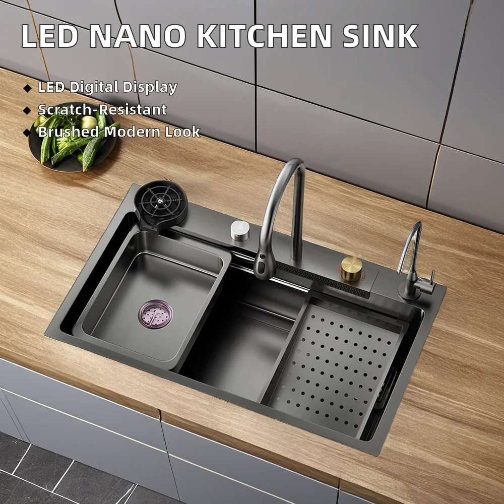 Multifunctional Anti-Scratch LED Digital Display Kitchen Sink Black Nano Workstation With Double Bowl Cup Washer