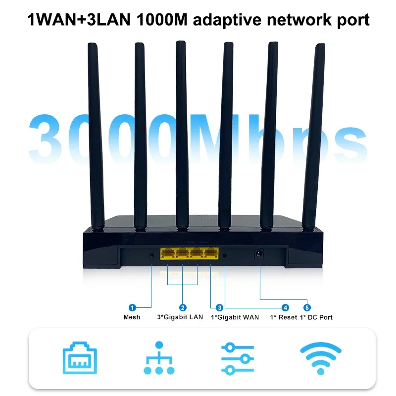 Wiflyer-AX3000 WiFi 6 Roteador, 3000Mbs, 5GHz, 256MB, 128MB, CPU ARM, Repetidor De Malha, Amplificador De Rede De Sinal Externo, Casa Inteligente