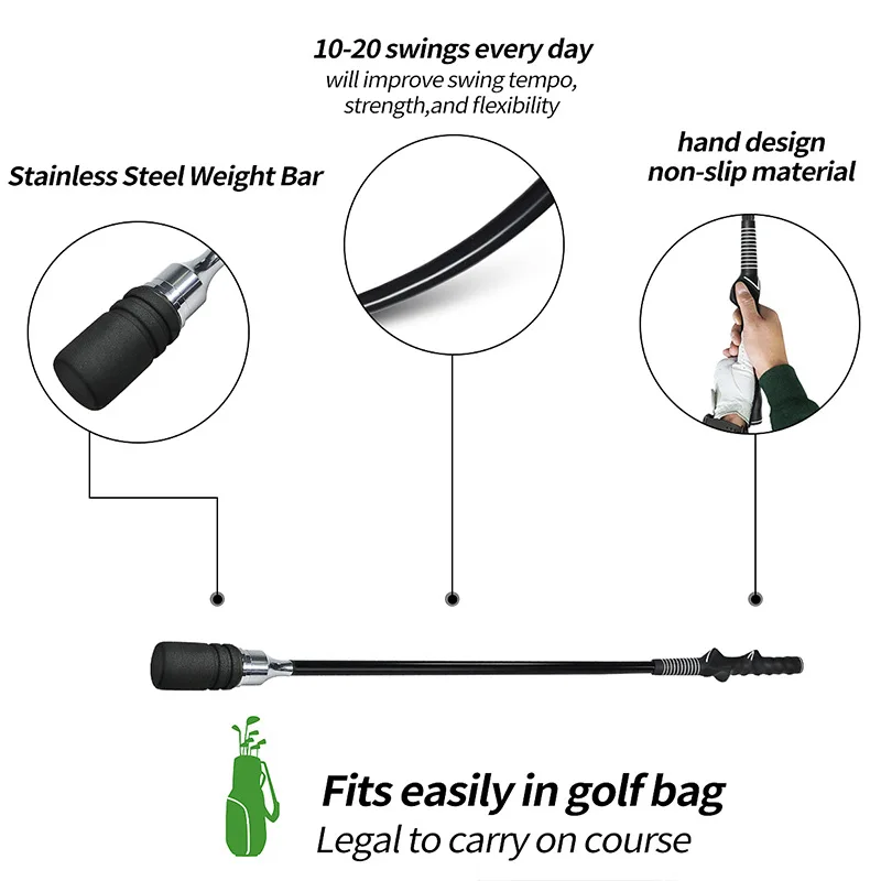 Golf Swing Trainer, Black Indoor and Outdoor Swing Practice Stick, Hand Shaped Grip