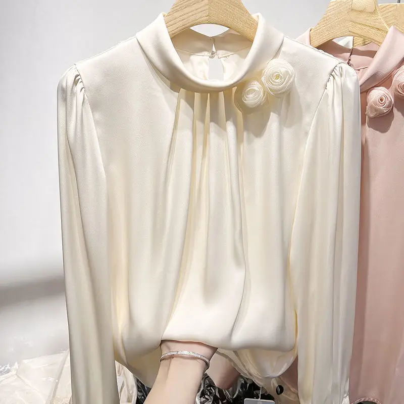 Long-sleeved Satin Simulation Silk Female Blouse Spring Autumn New French Three-dimensional Flowers Solid Color Pullover Top