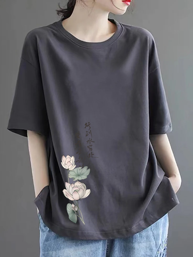 Camiseta de algodón puro de manga corta para mujer, ropa interior gris, estilo artístico y versátil, nuevo estilo de verano, talla grande, informal y cómoda