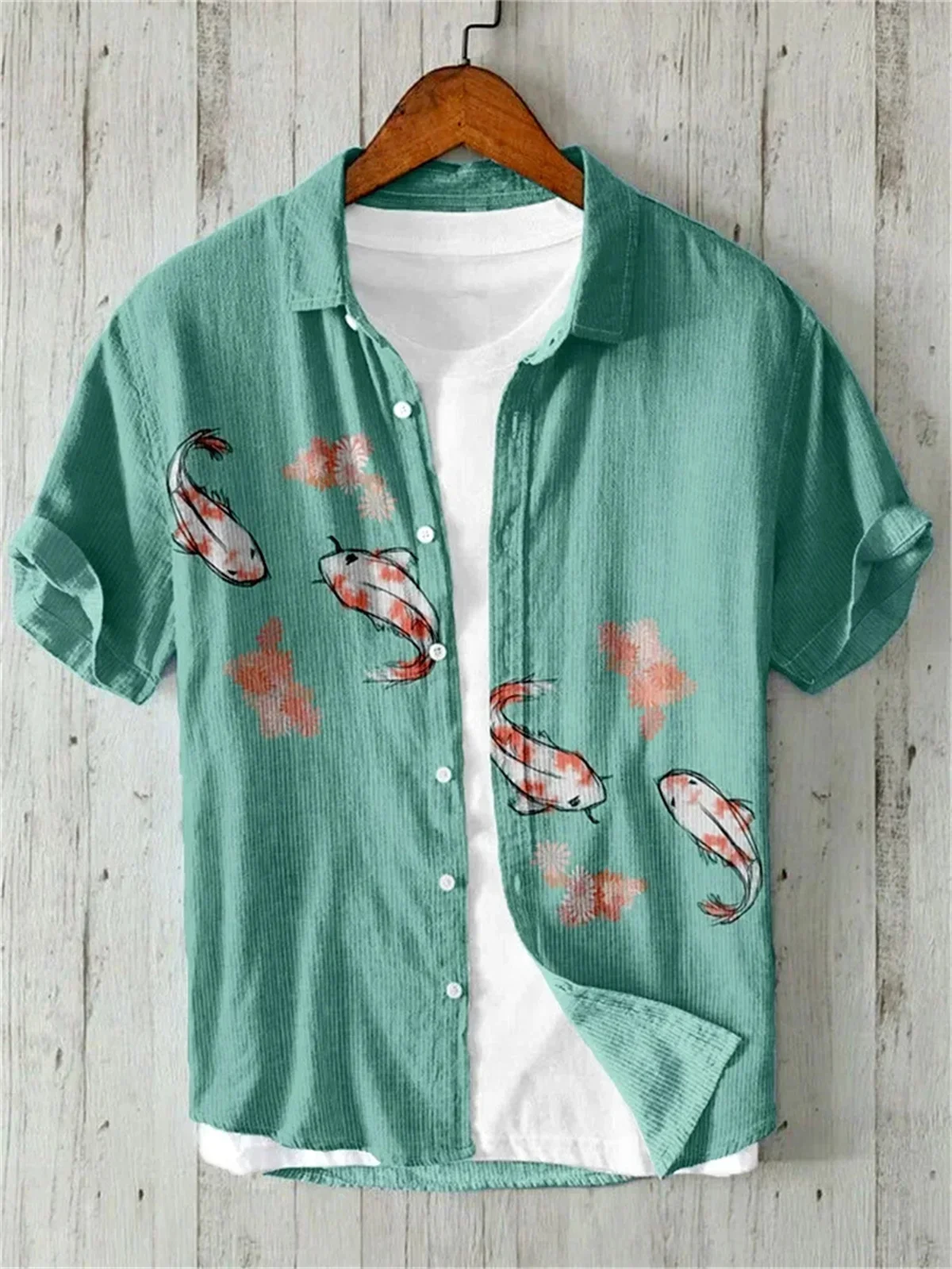 Men\'s Hawaiian Style Retro Fish Print Short Sleeved Shirt, Casual Linen Top, Loose and Breathable, Fashionable