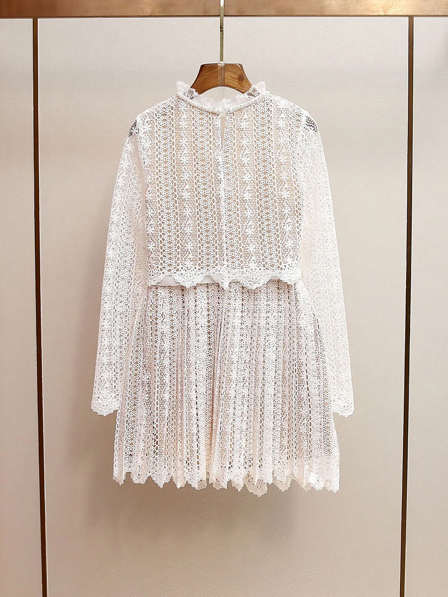 VGH الصلبة التخسيس فساتين الدانتيل الأنيقة للنساء جولة الرقبة طويلة الأكمام عالية الخصر الربيع عارضة حزب فستان قصير الإناث جديد