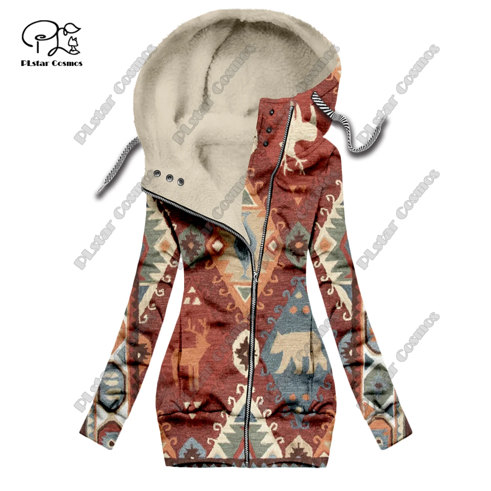 Nueva serie retro con estampado 3D, alfombra floral, patrón de tótem, además de terciopelo cálido, sudadera larga con cremallera para mujer, F-1 informal de invierno