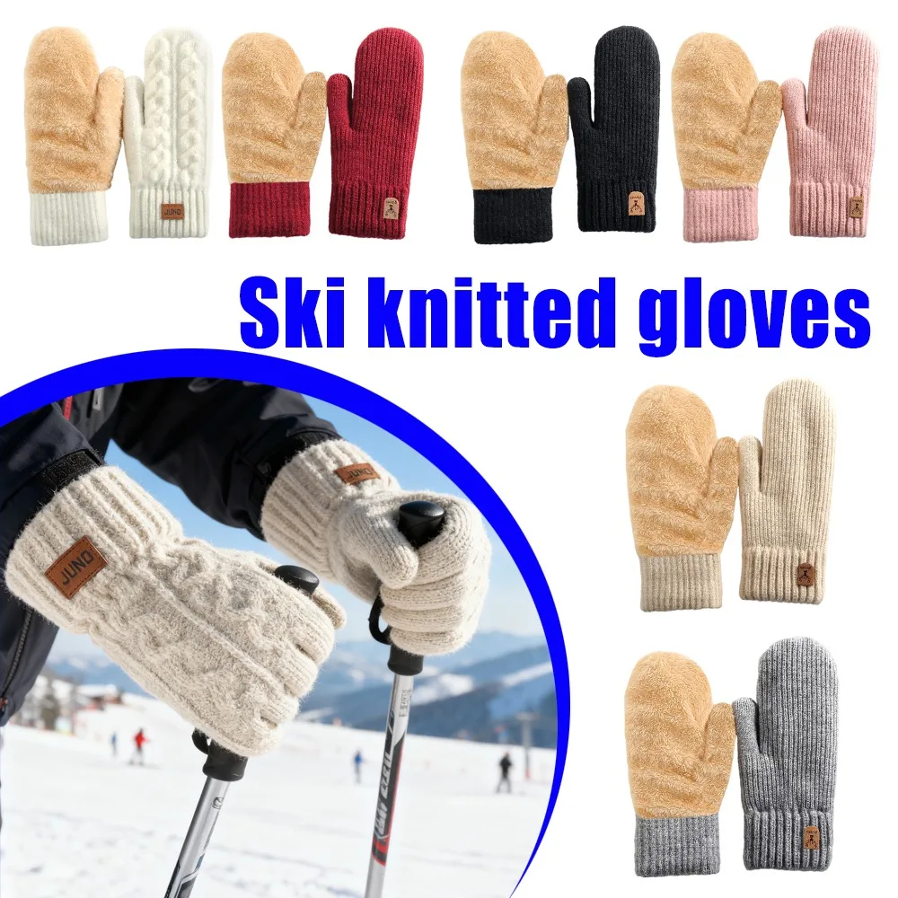 

Women's Knitted Winter Gloves Double-Layer Finger Cover New Fleece-Lined Thickened Warm Stylish Solid Color Touchscreen Gloves