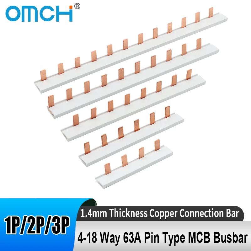Barre de connexion en cuivre OMCH 63A de type broche pour disjoncteur MCB, épaisseur 1,4 mm, 1/2/3 pôles, pour boîtier de distribution