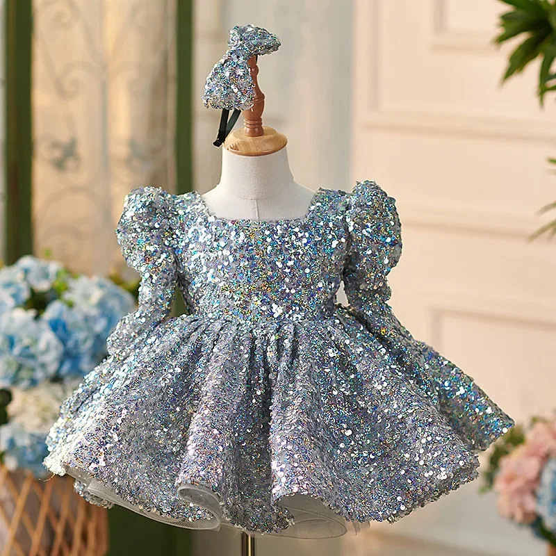 

Girls Sequin Embellished Puff Sleeve Dress with Headband Formal Party Wedding Flower Girl Birthday Costume