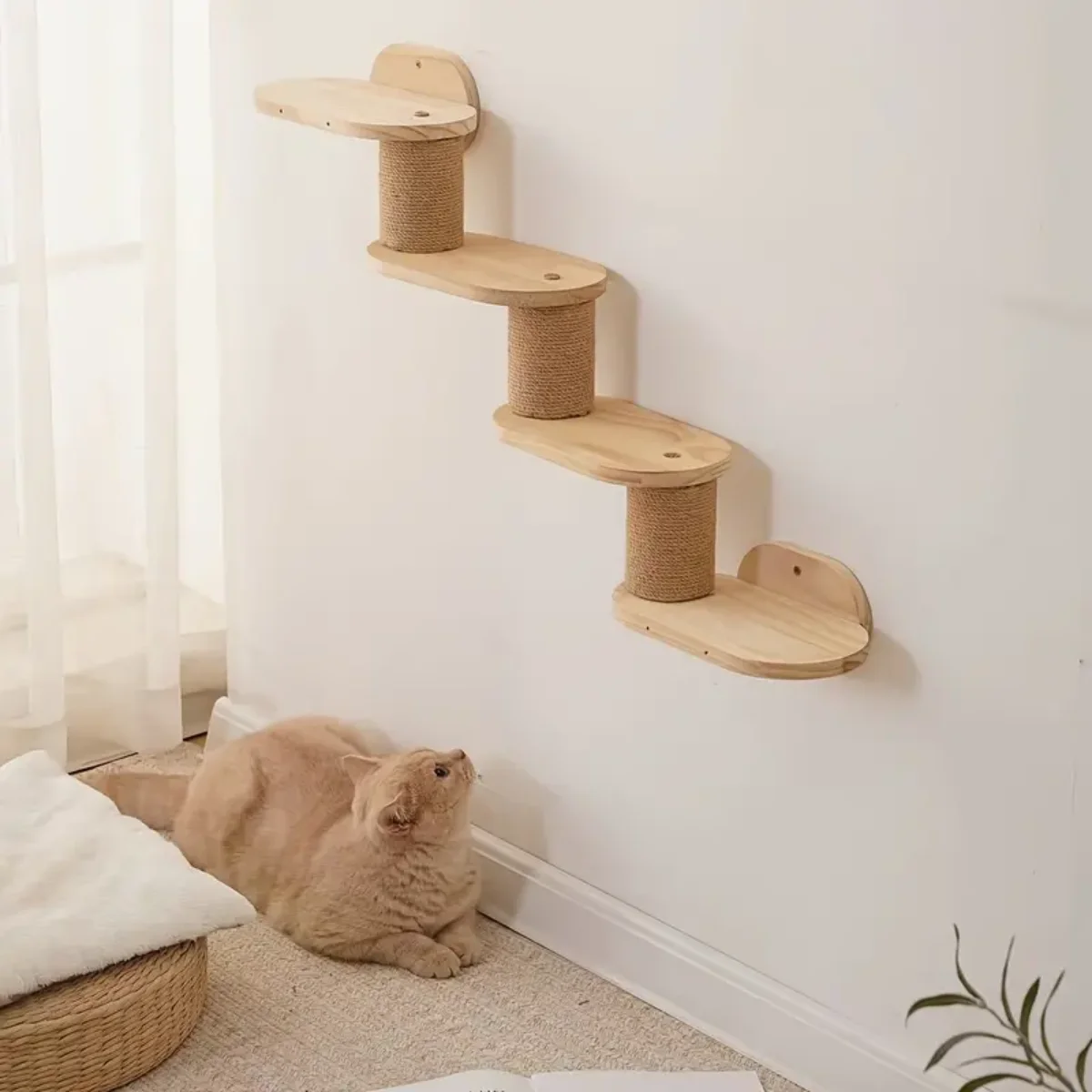 Multi-Level Wooden Cat Climbing Frame with Sisal Scratching Posts – Wall-Mounted Cat Condo & Jump Platform for All Seasons, Nat
