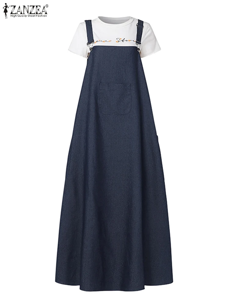 ZANZEA Women Spaghetti Strap Denim Blue Sundress Casual Overalls Dress Vintage Ramadan Muslim Dresses Abaya Islamic Clothing