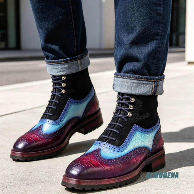 Gradient Purple Blue Spliced Embossed Leather Combat Boots Men Fashion Silver Metal Eyelet Lace Up Outdoor Formal Ankle Boots