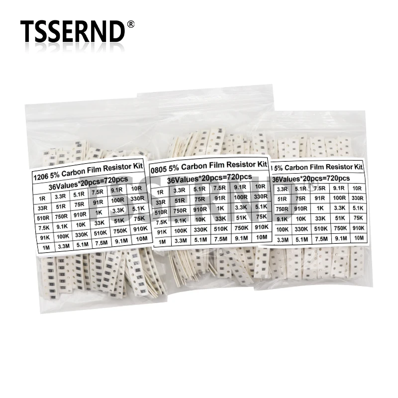 720pcs 5% 0603 0805 1206 SMD Chip Resistor Assorted Kit 1 ohm - 10M 36valuesX20pcs=720pcs Resistance Sample set