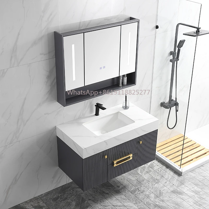 Lavabo con espejo inteligente para colgar en la pared, Armarios de baño de diseño curvo elegante, mármol de Color blanco de lujo de Turquía