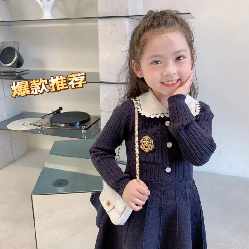 

Girls' College Knitted Dress2024Spring and Autumn New Baby Base Sweater Long Sleeve Lapel Fashionable Dress