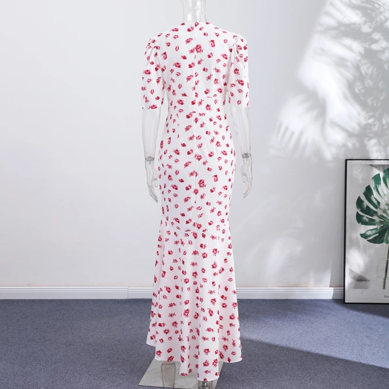Elegant Women's Floral Printed Dress Slim V Neck Short Sleeve Waist Cinching Long Fishtail Dresses 2026 Summer Lady Party Robes