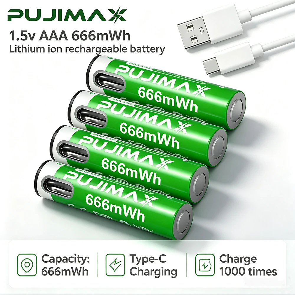 PUJIMAX USB AAA Wiederaufladbare Batterien 1,5V 666mWh Li-Ionen-Akku für Fernbedienung, Maus, Elektrisches Spielzeug + Typ-C-Kabel