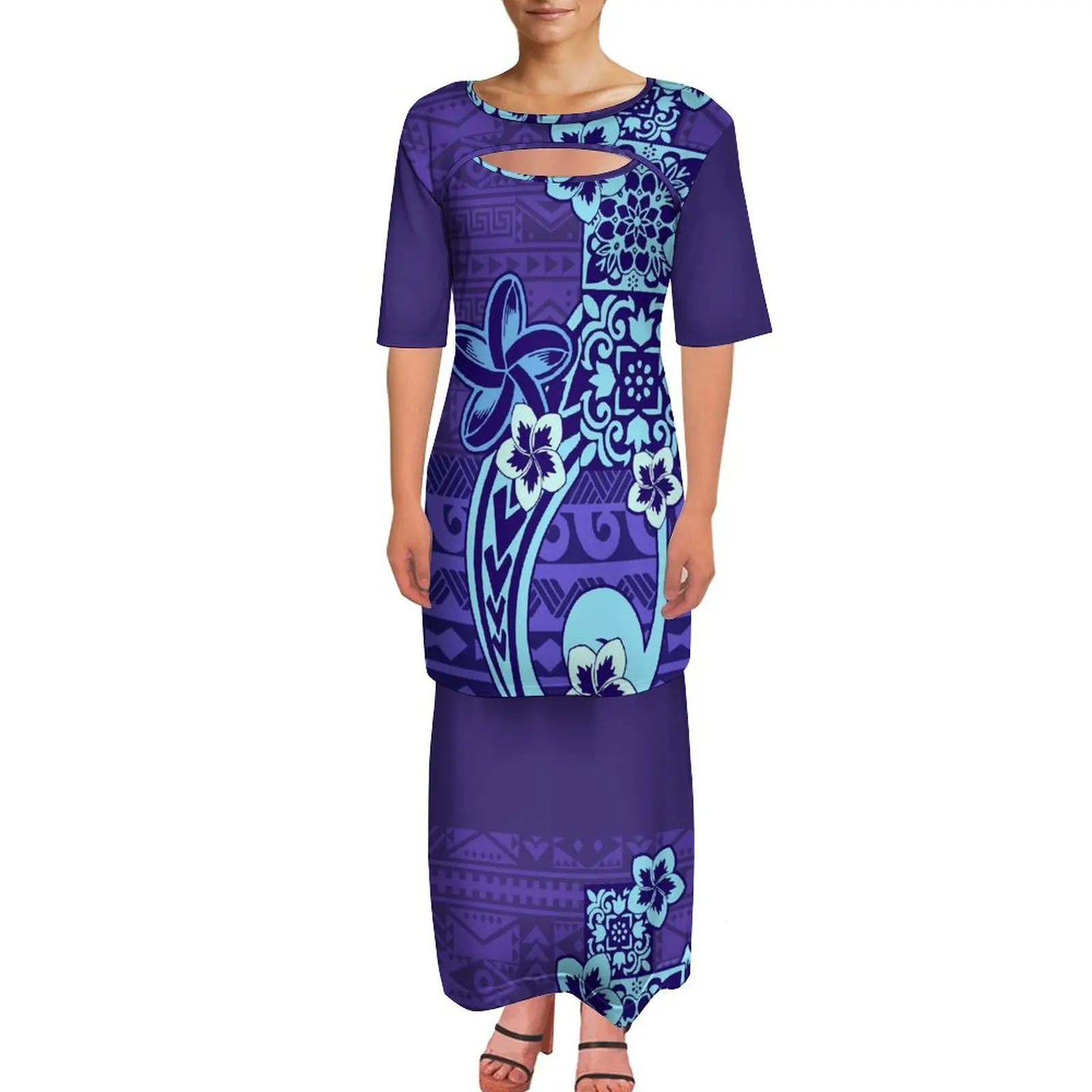 Party Festival Dress Custom-Designed Pattern Printed Polynesian Style Women'S Open-Necked Fake Two-Piece Set Puletasi Dress Set