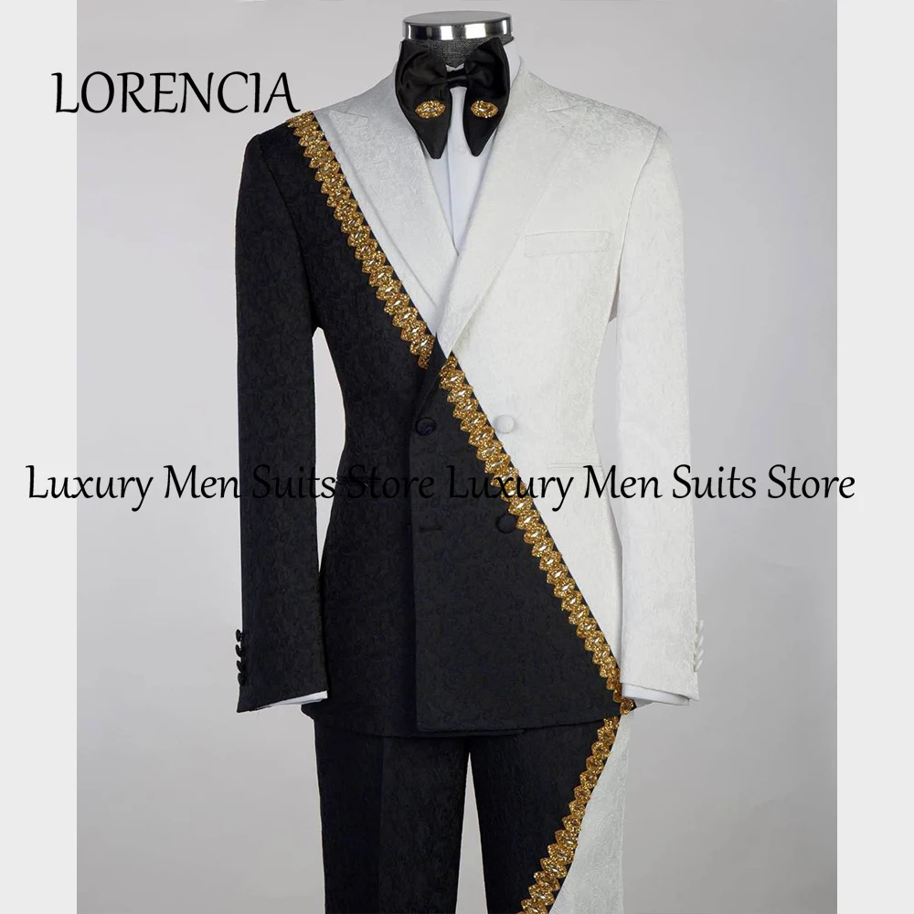 

Exquisite Jacquard Male Suits 2 Pieces Double Breasted Gold Ornaments Tuxedos Wedding Groom Customized Blazer Pants ropa hombre