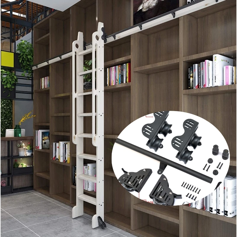 12FT(366cm)  Retractable Sliding Library  Hardware Kit No Ladder，Round Tube Rolling Ladder Track， Floor Roller with Brake