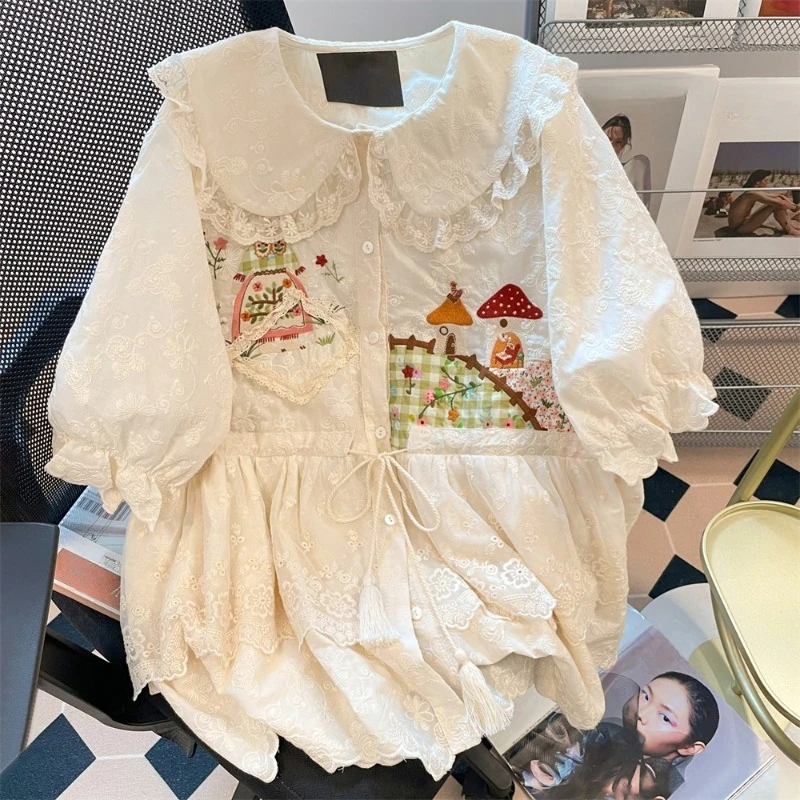 

Japanese Sweet Design Shirts Lace Patchwork Lace-up Embroidery Peter Pan Collar Blouse Summer Loose Tops 2025 New Women Clothing