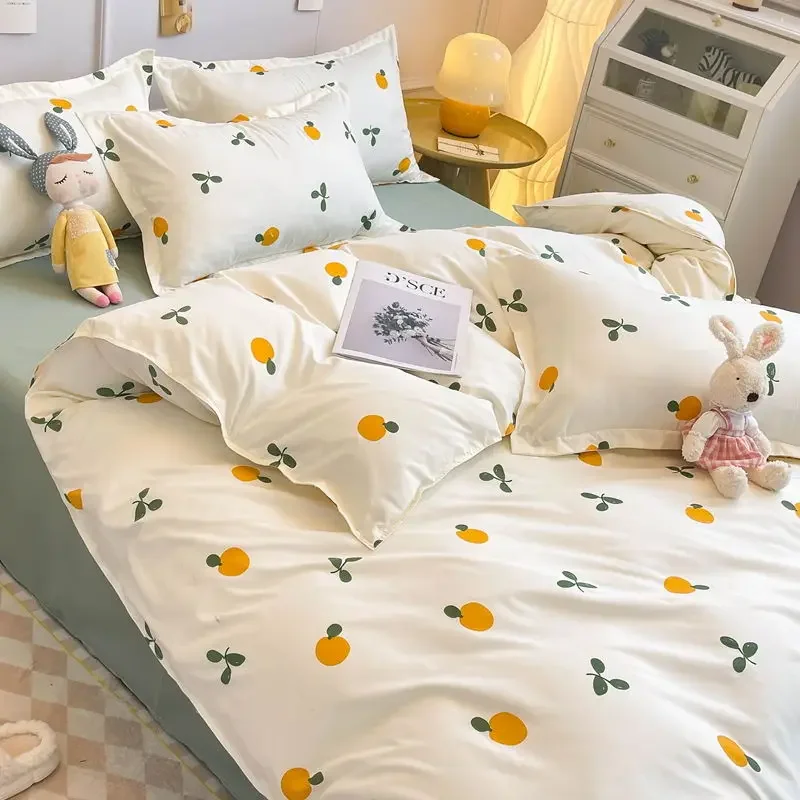 Duvet Cover Set with Flat Sheet Pillowcases Cute Orange Cherry Crow Printed Single Double Queen Size Girls Bedding Kit