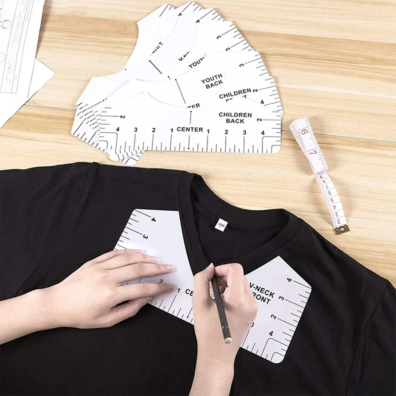 T-shirt Alignment Ruler Professional T-Shirt Ruler Guide Set With 4 Rules And 1 Marker Pencil Crew Neck Craft Centering