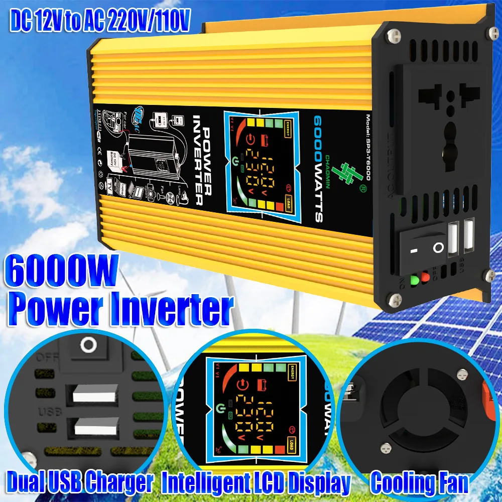 6000W Inverter DC 12V To AC 110V / 220V Vehicle Solar Power Inverter with Dual USB Digital Display for RVs and Small Appliances