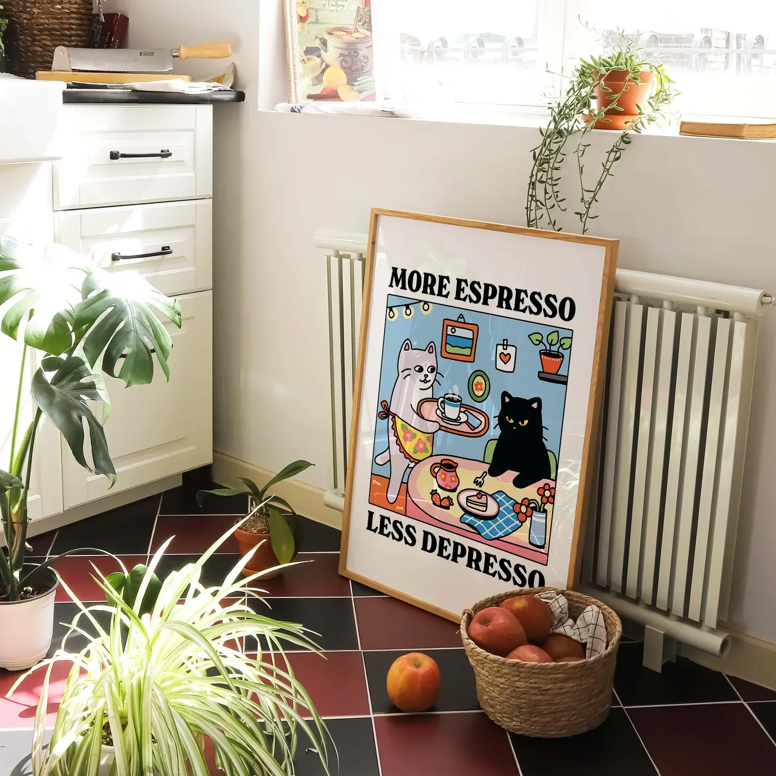 More Espresso Less Depresso Black Cat Wall Print, Coffee Cat Poster, Kitchen Art, Handmade Cat Poster, Coffee Bar, Unique image 5