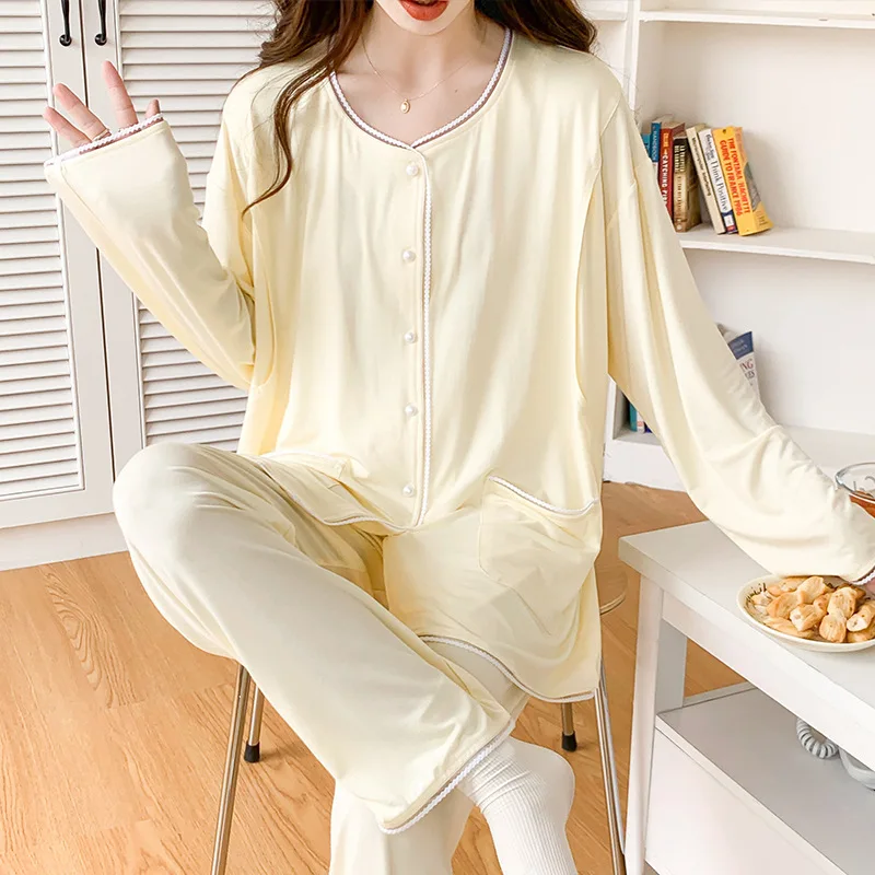 2023 Spring Postpartum Women Nursing Pajamas Sets Modal Breastfeeding Clothes Set Fashion Pure Color Maternity Sleepwear