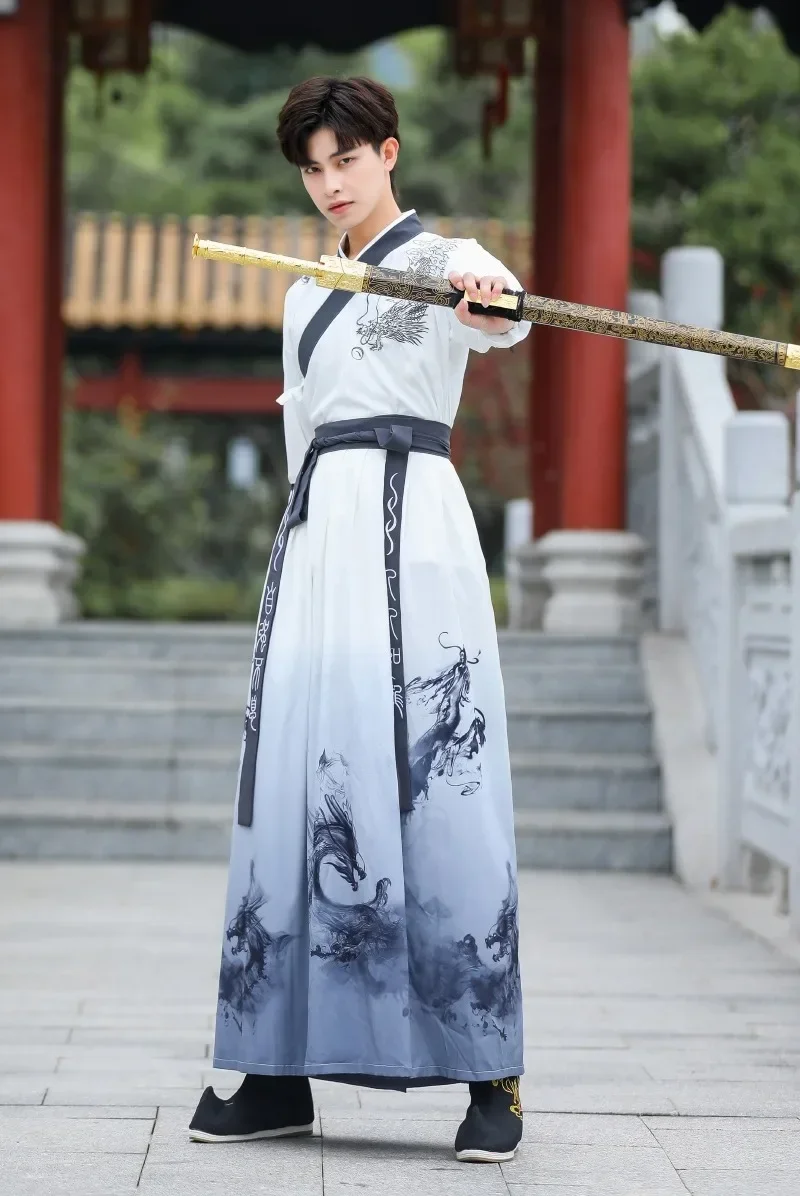 Hanfu-traje tradicional bordado de dragón chino para hombre, traje Tang de estilo étnico, ropa de actuación, blanco