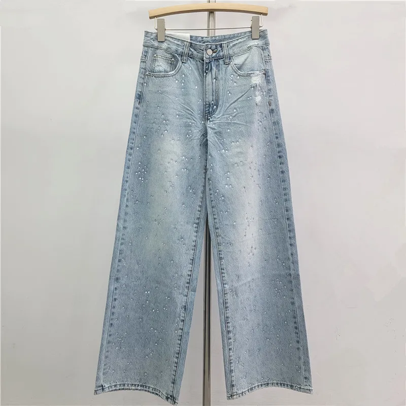 American Fashion New Elegant Rhinestone Single-breasted Denim Short Coat for Women High Waist Straight Wide-leg Jean Female 2026 view 5