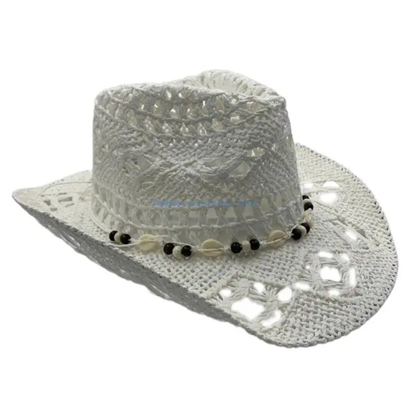 97QE Cappello paglia alla a larga con decorazioni conchiglie per accessori per festival musicali unisex per e