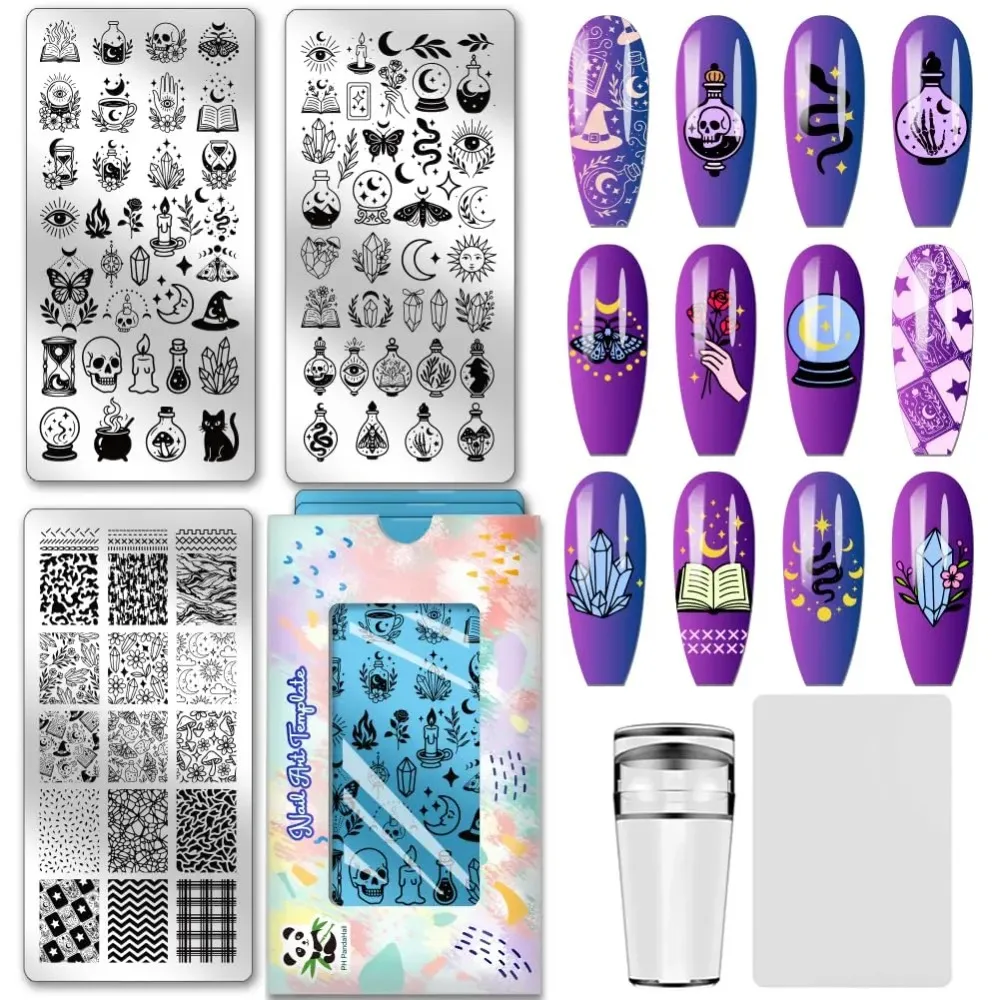 Juego de placas de estampado de uñas con temática mágica, pociones mágicas, plantillas de arte, calavera, ojos de sol, plantillas para decoración de uñas con estampador, 3 uds.